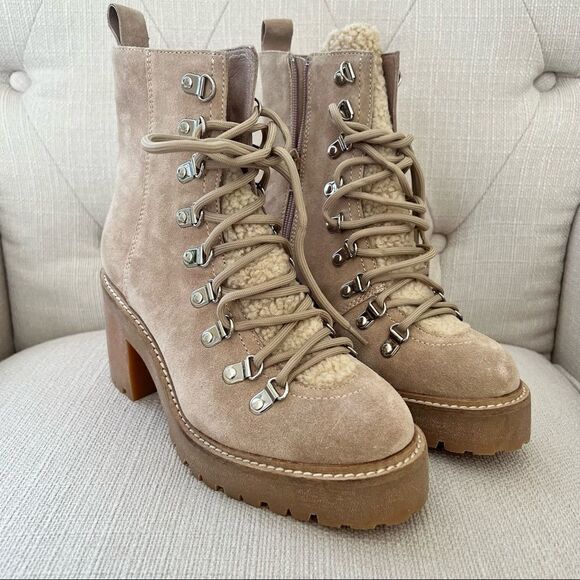 Jeffrey Campbell What Faux Fur Trim Lace-Up Boot Taupe US 7.5 MSRP $215 - Picture 1 of 7